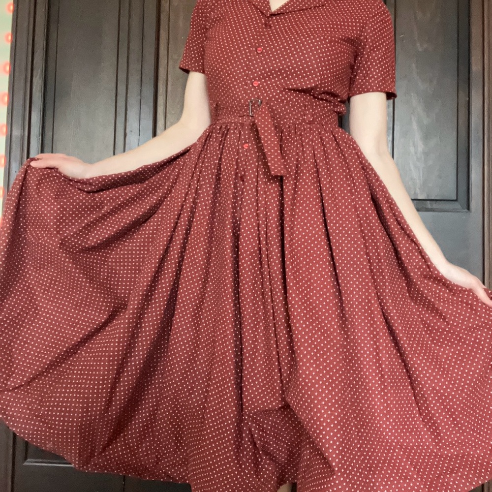 Vintage-Inspired Rust Dot Fit-and-Flare Dress